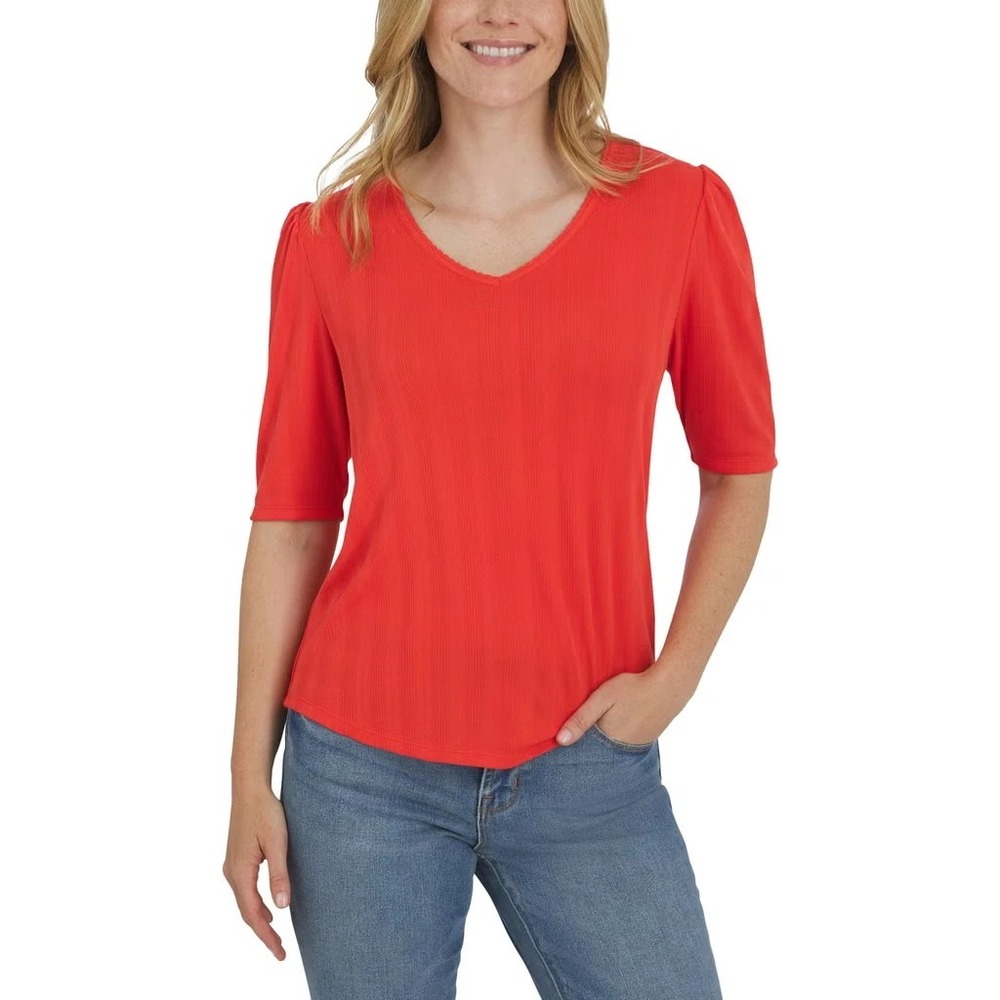 Lands' End Women Red Pointelle Elbow Sleeve V-Neck Top Large NWOT